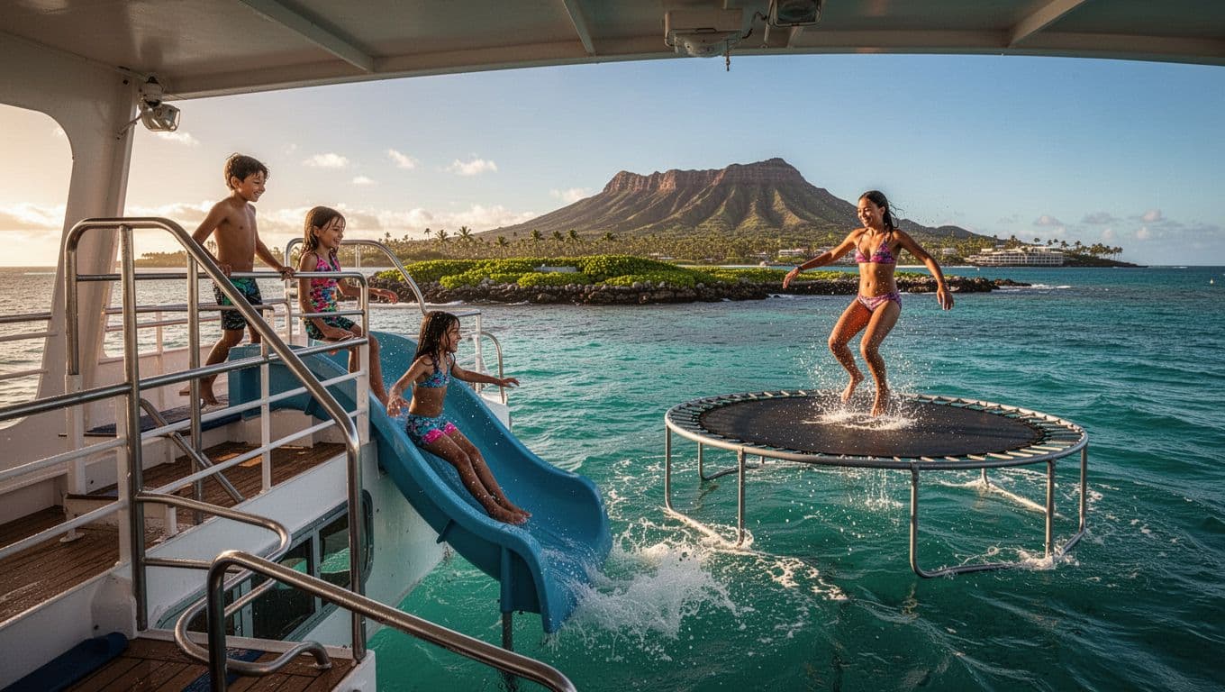 Happy family on a double-decker boat off Waikiki Oahu, child sliding down water slide into turquoise ocean, parent bouncing on water trampoline, with coral reef and Diamond Head in the sunny golden hour distance.
