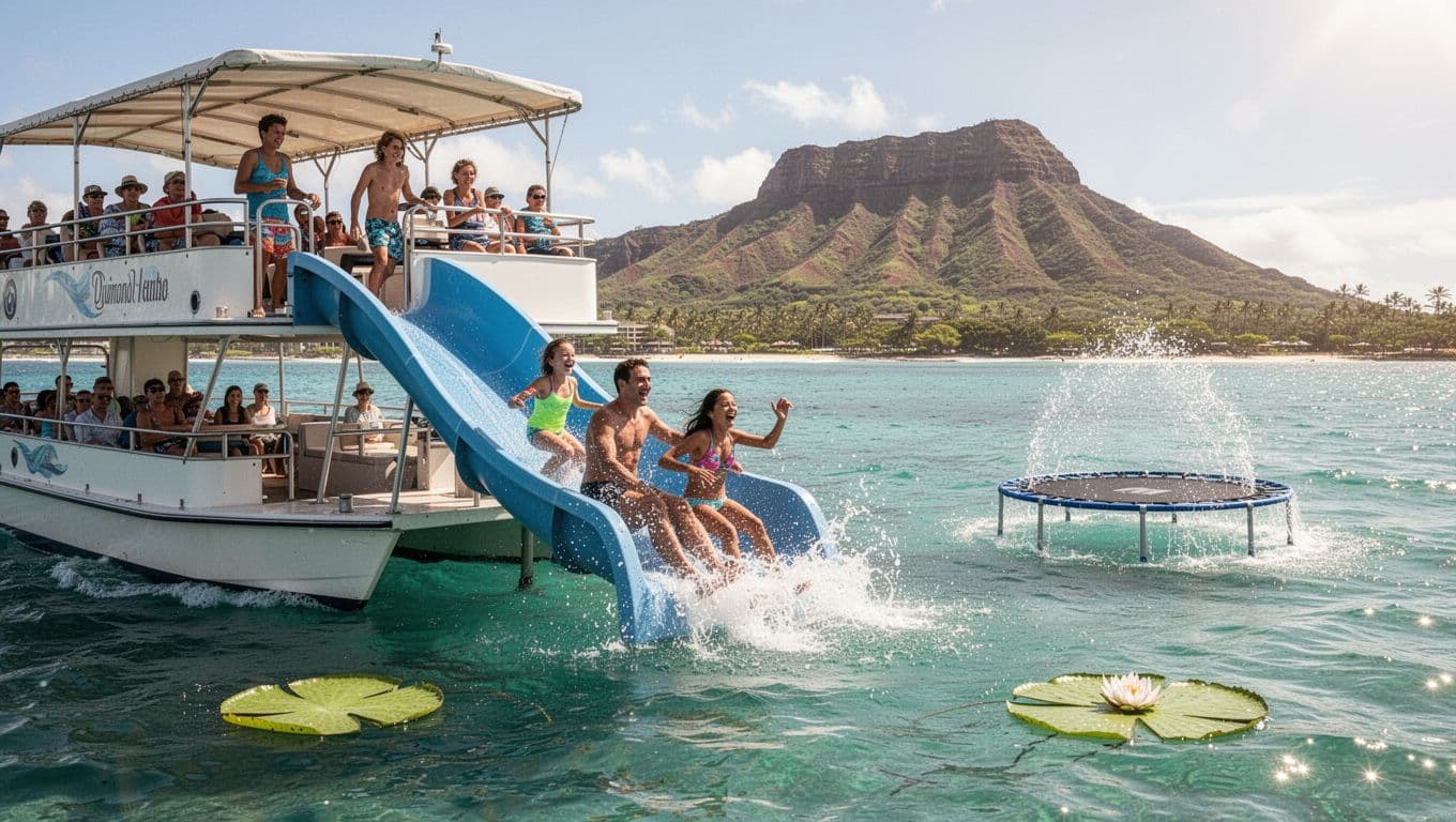 A family of two adults and two children enjoys sliding down the waterslide from a double-decker tour boat off the Waikiki coast into the ocean, with water trampoline and lily pads nearby, Diamond Head in the sunny background.