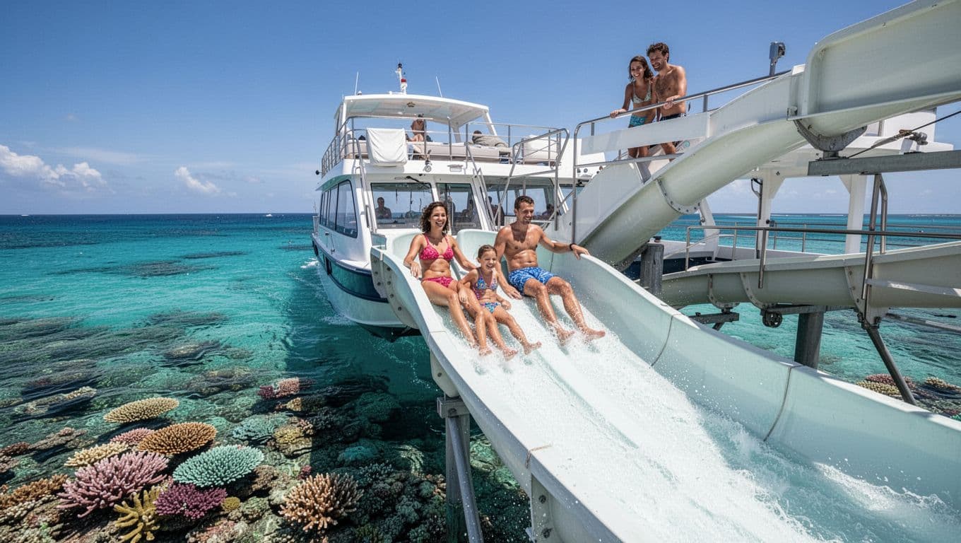 A child slides joyfully down a water slide into the clear ocean from a double-decker boat off the Waikiki coast, while smiling parents watch nearby under a sunny blue sky with coral reefs visible below.