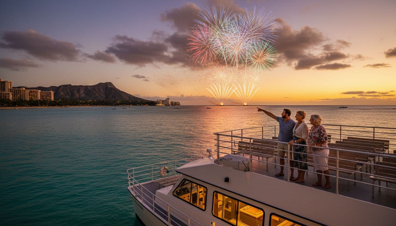 Double-decker catamaran sails turquoise waters off Waikiki at twilight; three passengers on upper deck watch fireworks over Hilton Hawaiian Village, Diamond Head silhouetted.