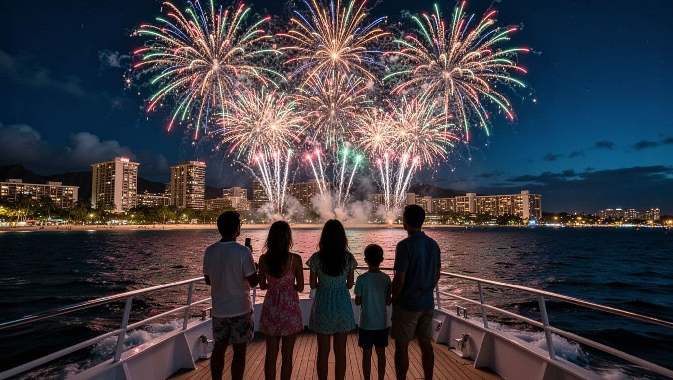 Festive fireworks explode over Waikiki Beach and Honolulu skyline at night, viewed from the deck of a double-decker boat on dark ocean waters. A silhouetted family of four watches the vibrant display with backs turned, in cinematic style with strong contrast and dramatic lighting.