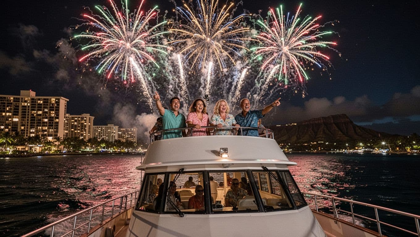 Double-decker boat anchored offshore Waikiki at night with excited passengers on the upper deck watching fireworks over Hilton Hawaiian Village, colorful bursts reflecting on the ocean.