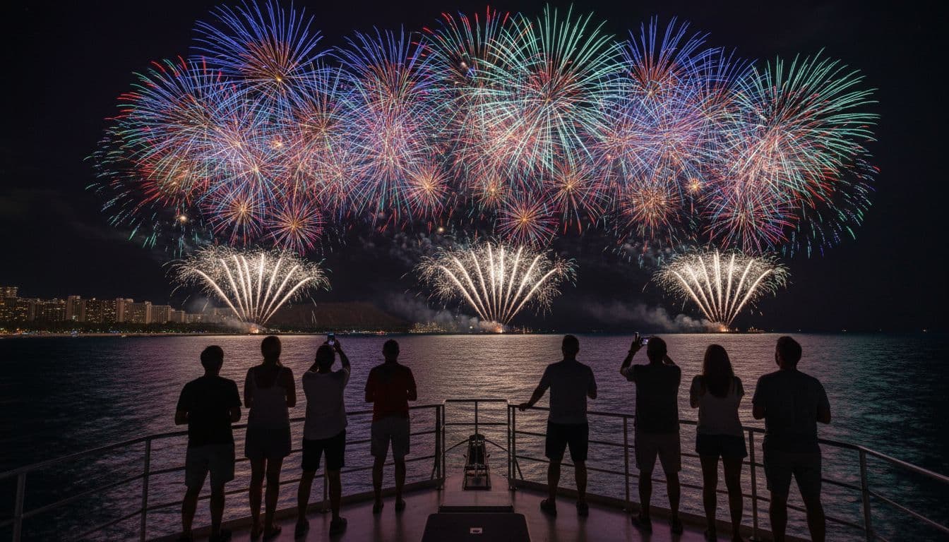Colorful fireworks explode over Waikiki beach at night from a boat perspective, with bursts reflecting on ocean water and excited passengers on deck watching the show in cinematic style.