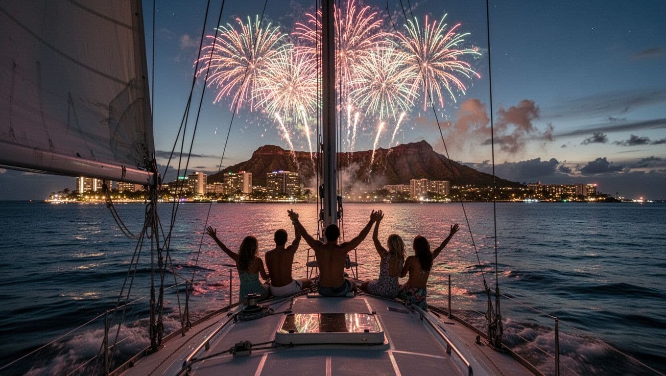 Silhouettes of five passengers cheer on sailboat deck watching New Year's fireworks over Waikiki skyline at dusk.