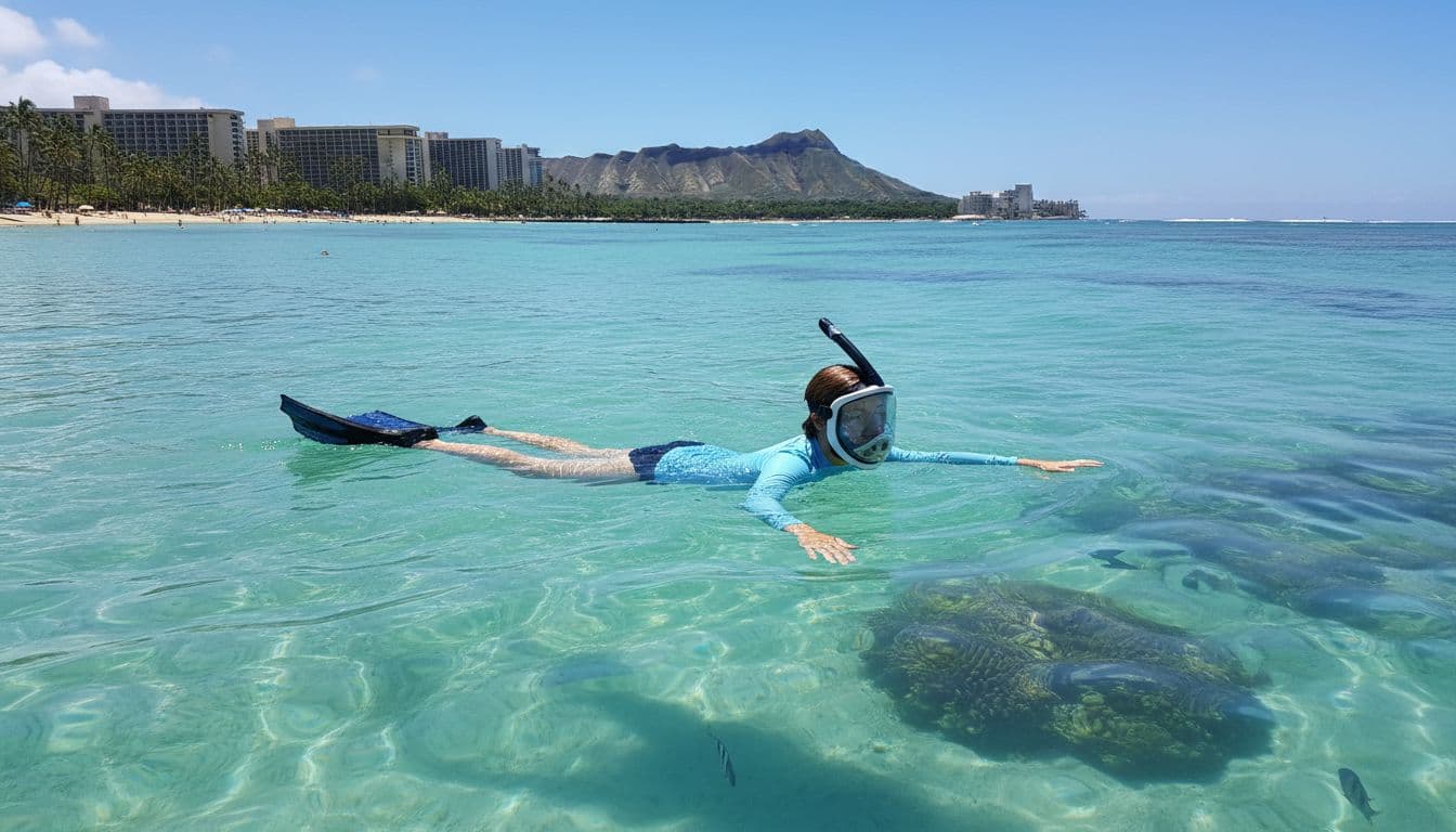 A person snorkeling on the calm ocean surface using a full-face snorkel mask in Waikiki waters, with a distant view of Waikiki beach and Diamond Head volcano under a blue sky on a sunny tropical day, in a relaxed floating pose.