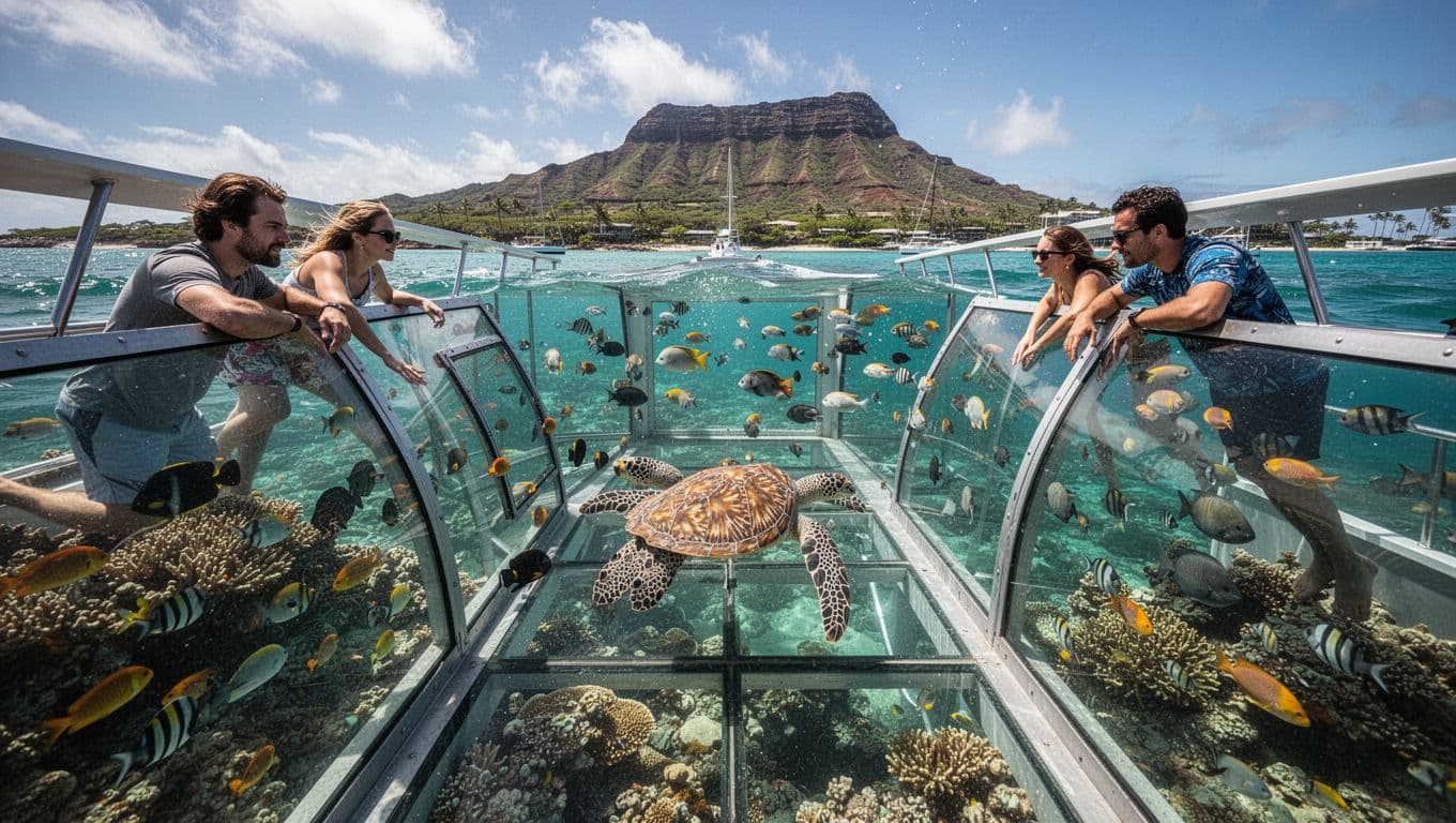 Glass-bottom boat glides over vibrant coral reef in turquoise waters near Waikiki, revealing schools of tropical fish and a sea turtle through large glass panels, with two passengers viewing and Diamond Head in the background.