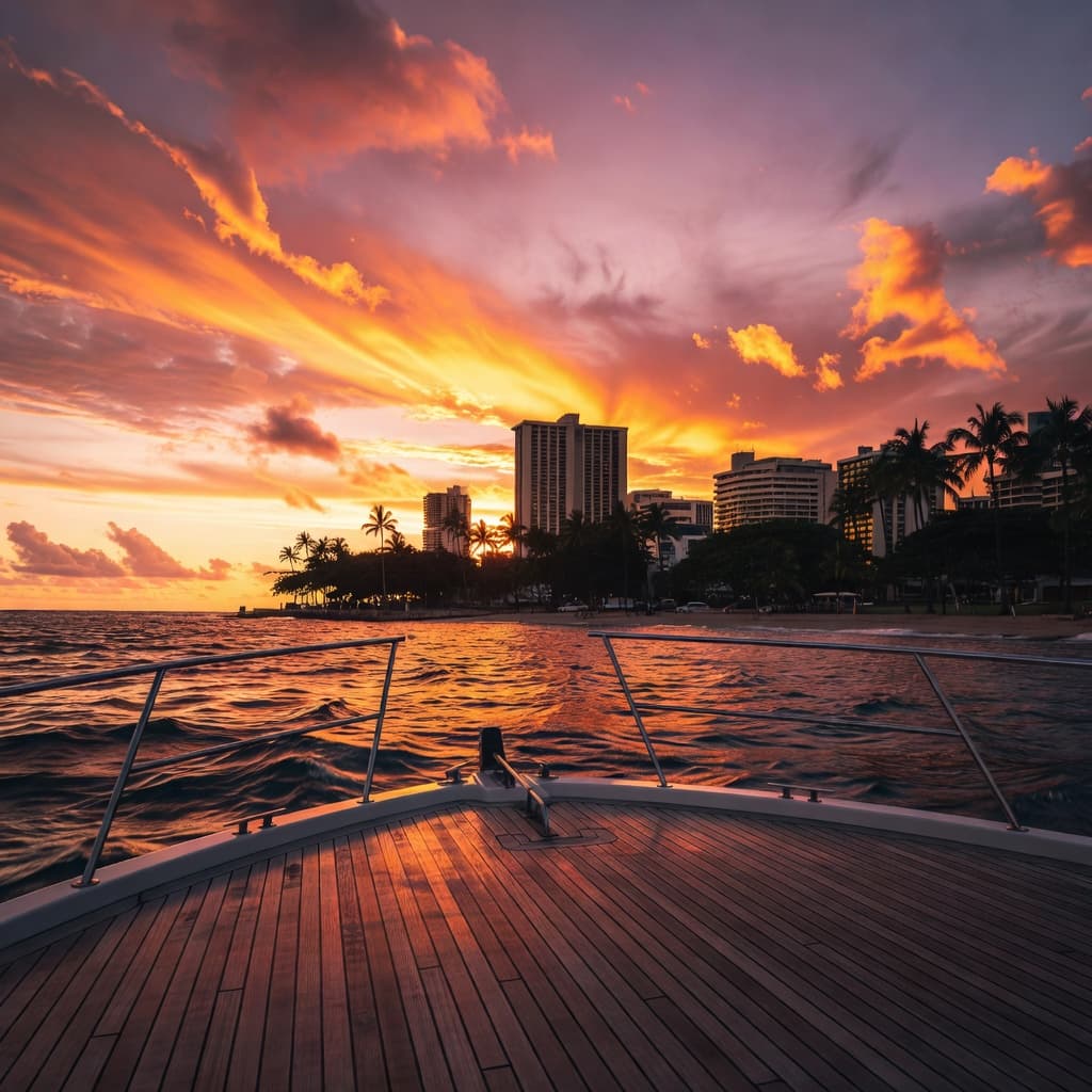 The golden horizon illuminates the rugged Waikiki shoreline as seen from a wooden boat deck. Deep orange and purple hues contrast against the dark silhouettes of the calm Pacific ocean waves.