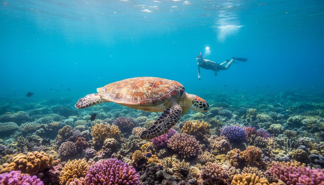 Clear underwater view of a Hawaiian green sea turtle swimming near vibrant coral reef in Waikiki waters, sunlight beams from surface, one snorkeler observing in background.