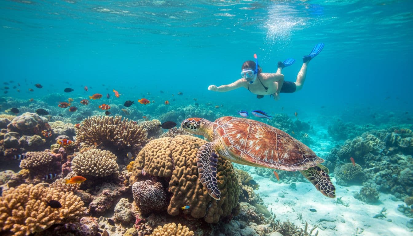 Hawaiian green sea turtle swims close to a snorkeler at an underwater coral cleaning station off Waikiki, surrounded by clear turquoise water, sunlight rays, and colorful reef fish.