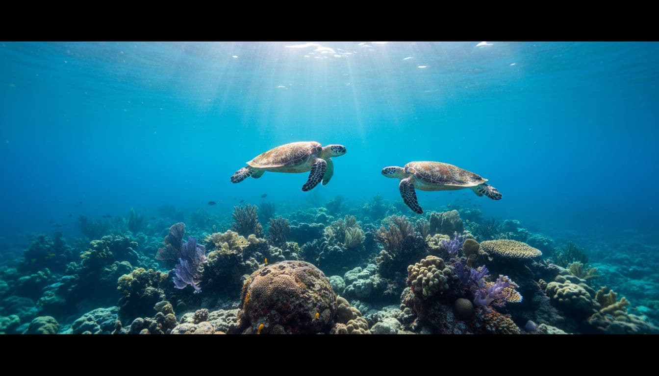 Two green sea turtles swim near vibrant coral reef in clear turquoise waters with sunlight rays.