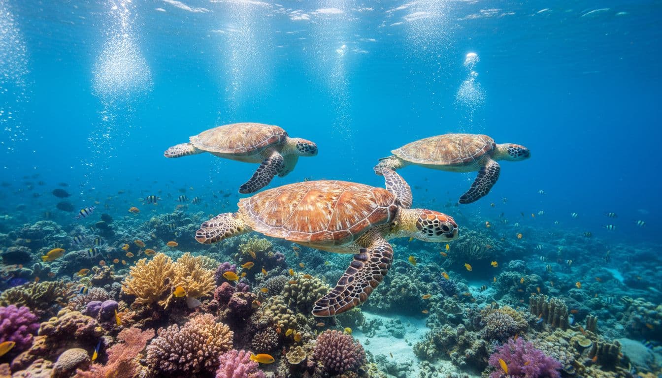 Underwater scene of Hawaiian green sea turtles swimming near colorful coral reef in clear blue water off Waikiki, Oahu, with sunlight rays filtering through and schools of tropical fish.
