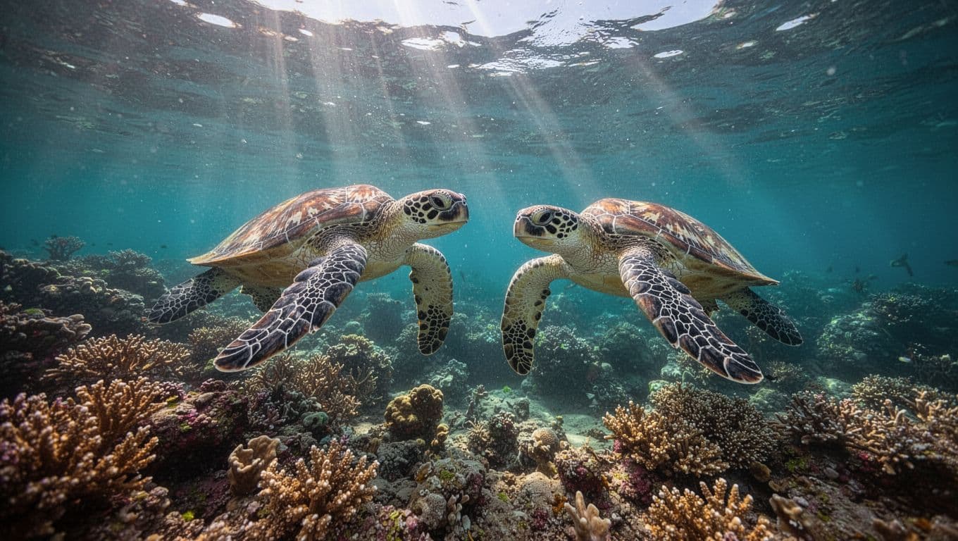 Clear turquoise ocean waters off Waikiki with two Hawaiian green sea turtles swimming near coral reef, sunlight rays piercing the gentle surface from Kona winds, cinematic underwater scene.