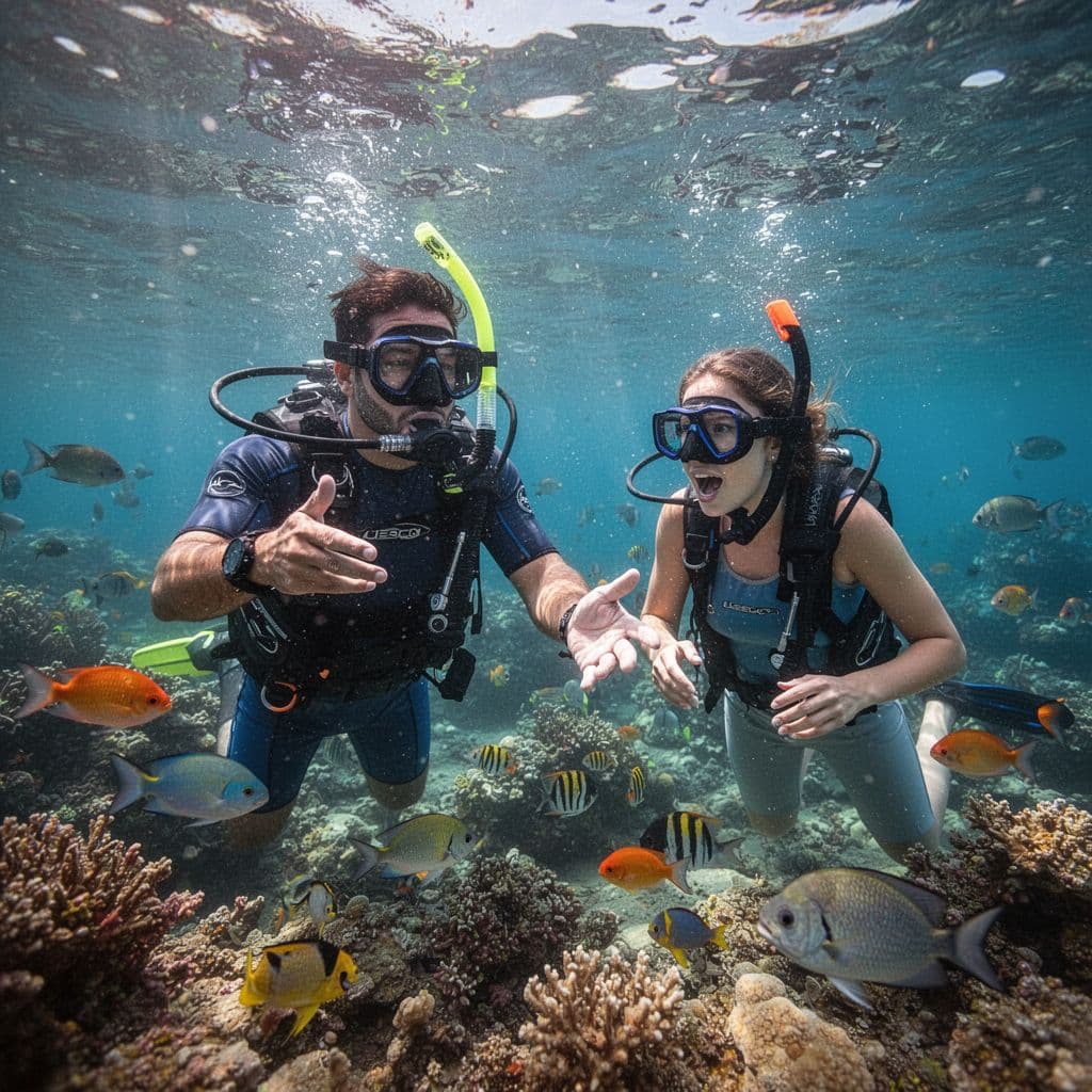 A professional snorkel guide assisting a guest in the clear blue waters of Waikiki, Hawaii.