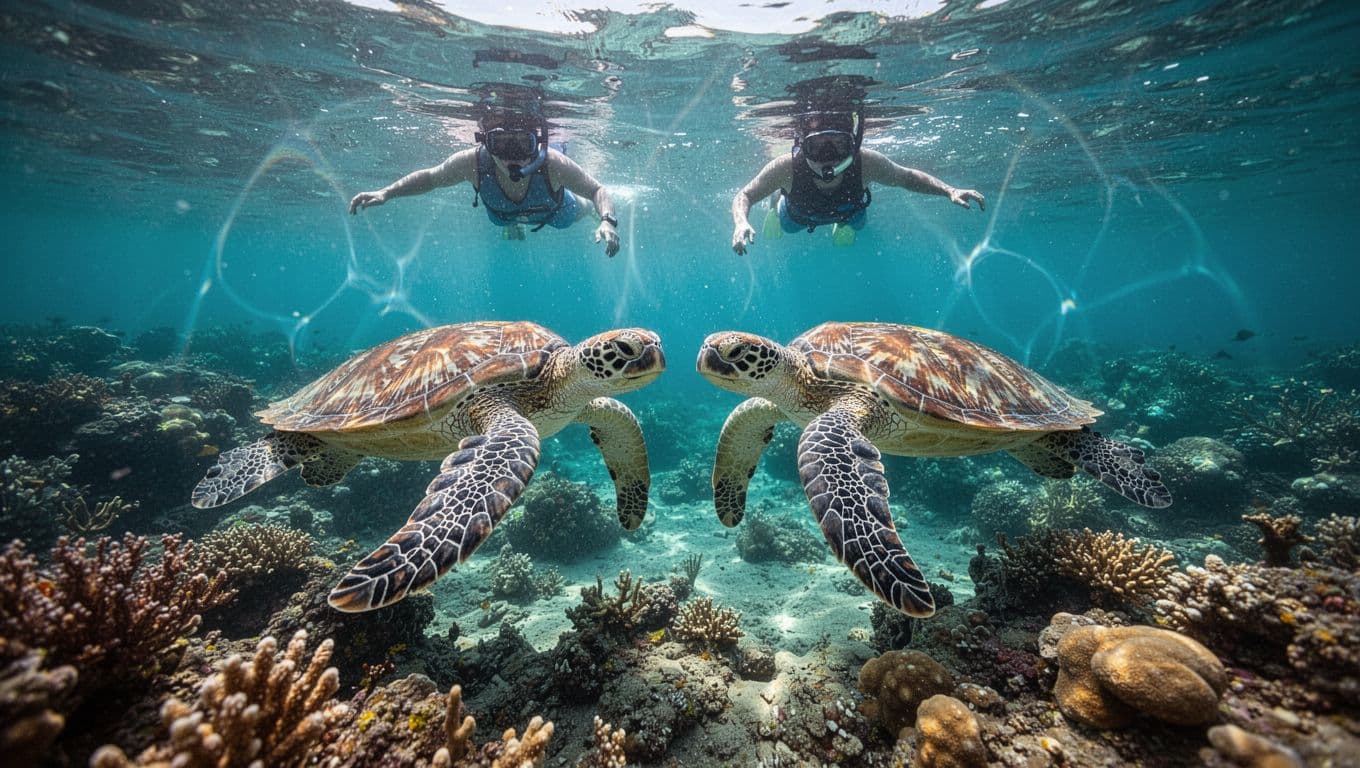 Vibrant Hawaiian coral reef with two green sea turtles gliding in crystal-clear turquoise waters, sunlight filtering to create caustic patterns, and two distant snorkelers observing from the surface. Cinematic underwater scene with strong contrast, rich blues and greens, and dramatic volumetric lighting.