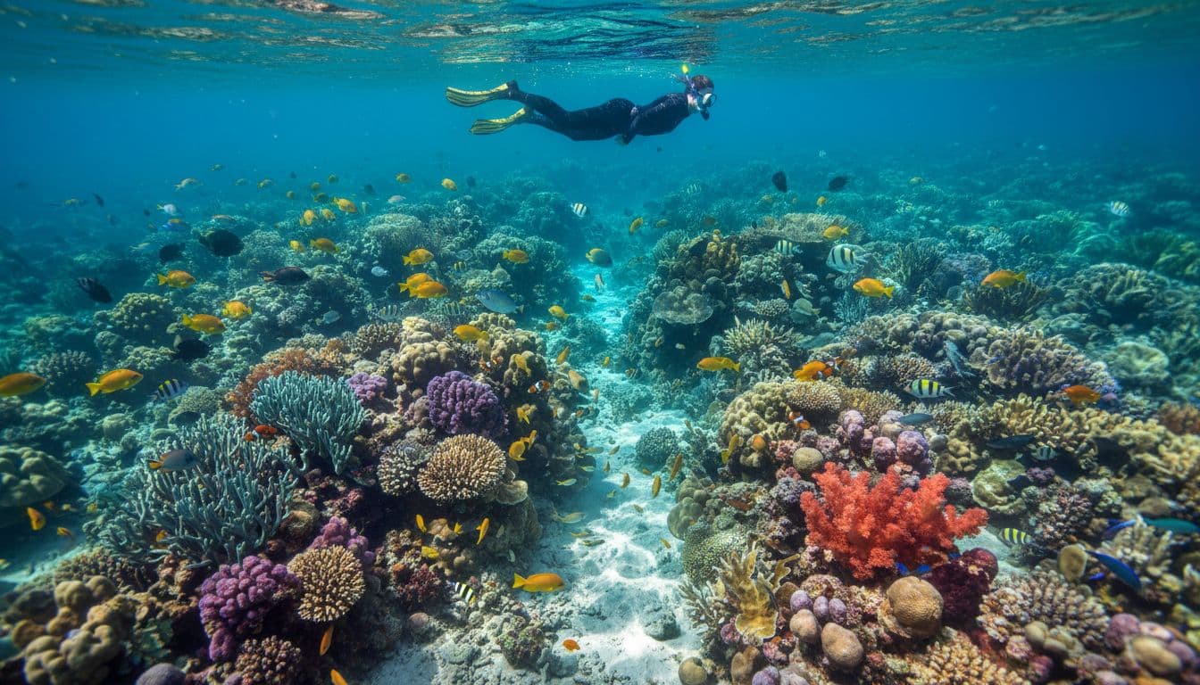 Vibrant healthy Hawaiian coral reef teeming with colorful tropical fish and a single snorkeler observing above in crystal clear turquoise ocean water with sunlight caustic patterns.