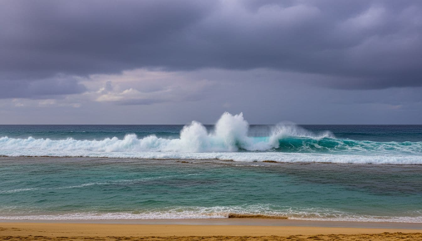 Powerful high tide waves crash over a shallow reef at Waikiki, generating strong surf, white foam, and turbulent ocean water beneath an overcast sky with dramatic clouds. The empty beach foreground emphasizes the wave action and danger for swimmers.