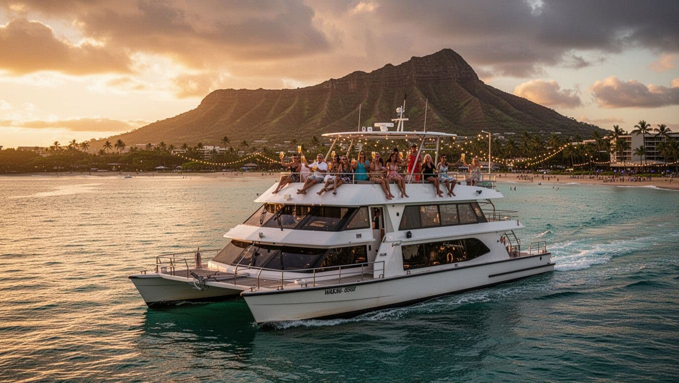 Double-decker power catamaran sails calm turquoise waters off Waikiki Beach at golden hour sunset on a holiday evening, Diamond Head silhouette in background, joyful tourists on upper deck with drinks and festive shoreline lights.