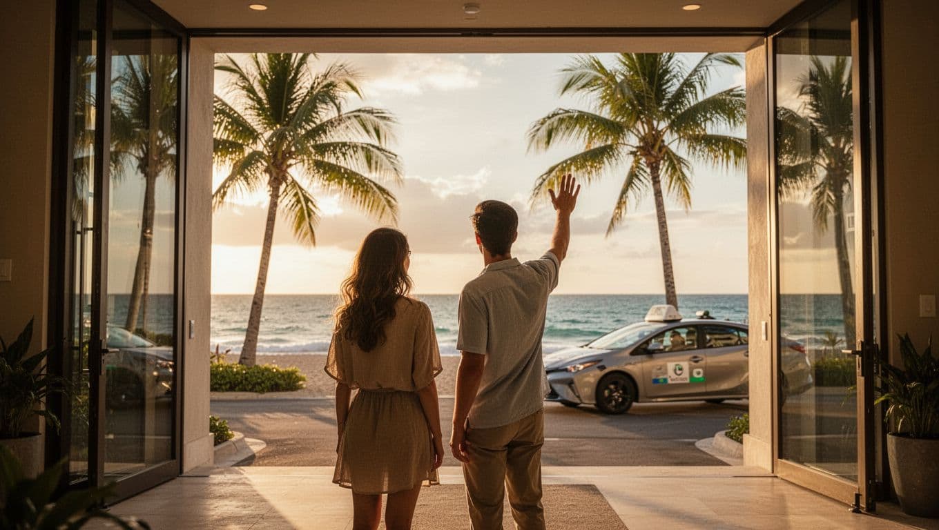 A couple stands relaxed outside a modern Waikiki beach hotel entrance with palm trees and ocean view, hailing an arriving rideshare car on a sunny tropical golden hour day.