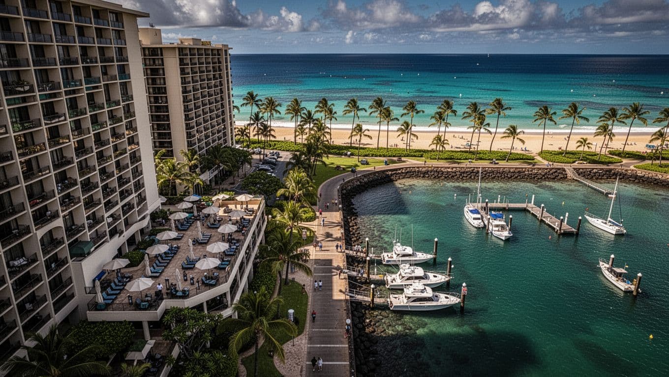 Aerial perspective of Waikiki beach hotels showcasing short walking distance to Kewalo Basin boat harbor, with oceanfront palm trees and clear paths in a vibrant, cinematic Hawaii scene.