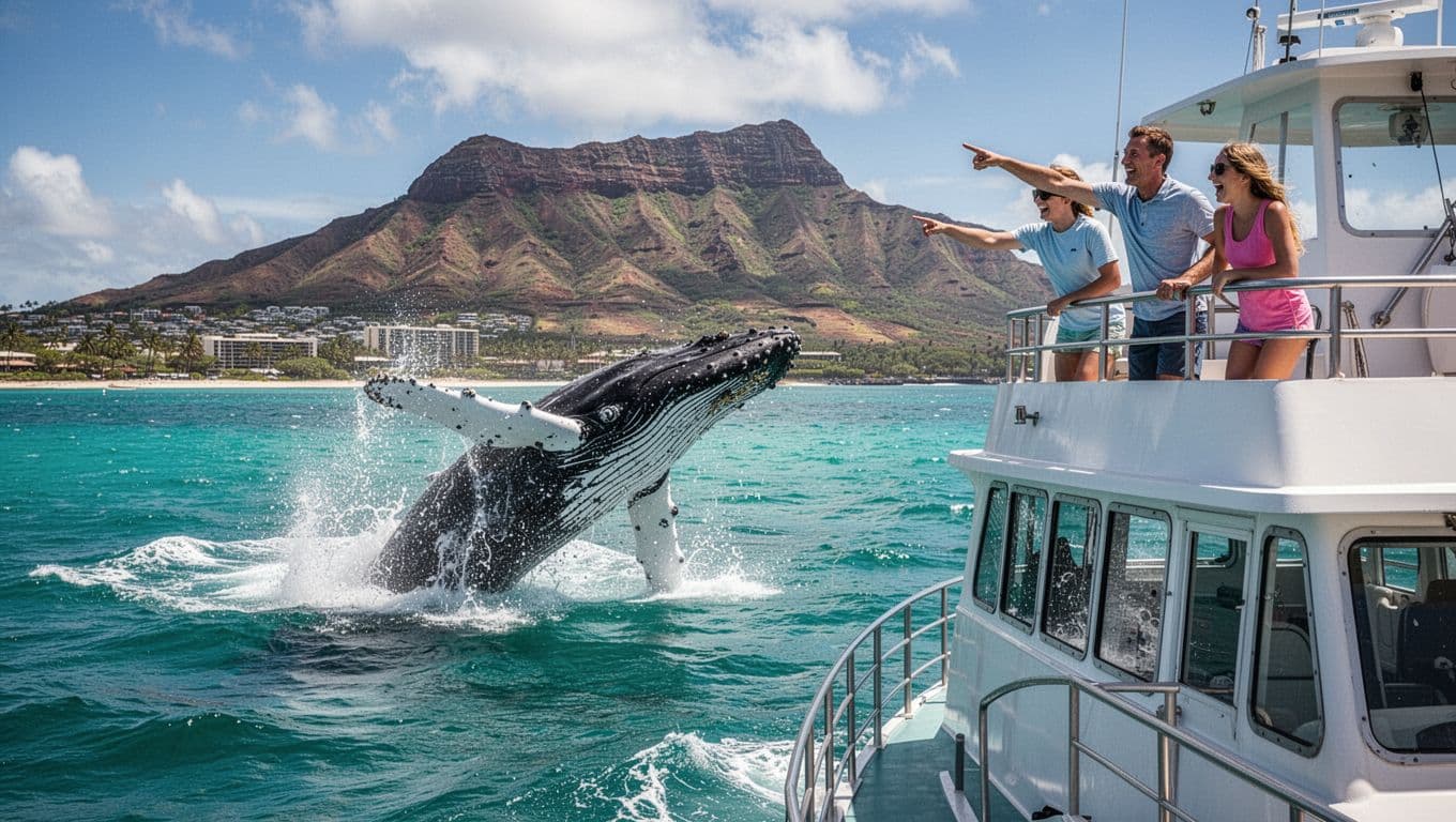 A humpback whale breaches the turquoise ocean surface near a double-decker boat off the Waikiki coast with Diamond Head volcano in the background. An excited family of three on the upper deck points and watches in thrill.