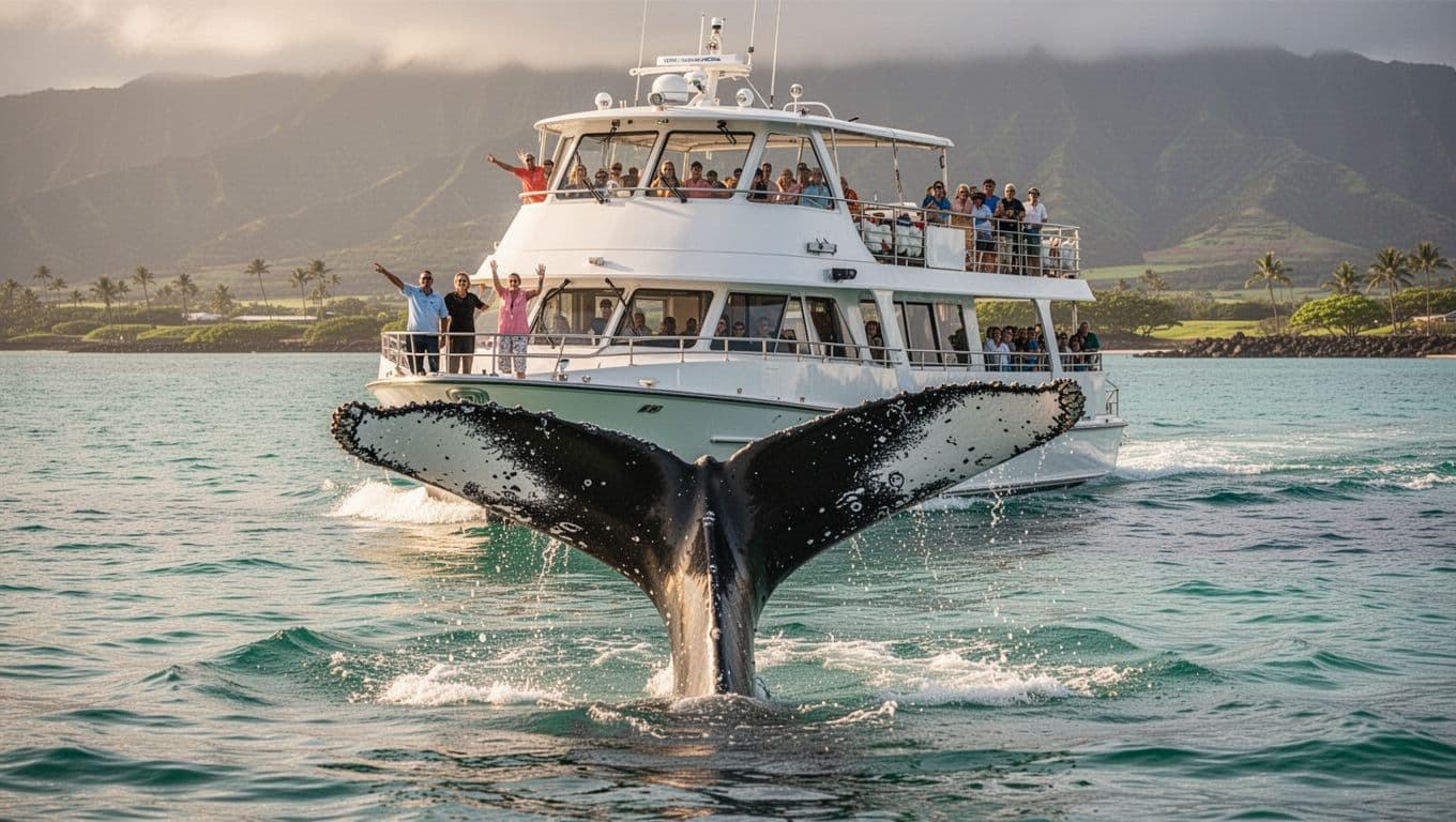 A double-decker tour boat cruises calm waters off Waikiki with a humpback whale tail fluke prominently in the foreground, while a few passengers on deck point excitedly under sunny afternoon light.