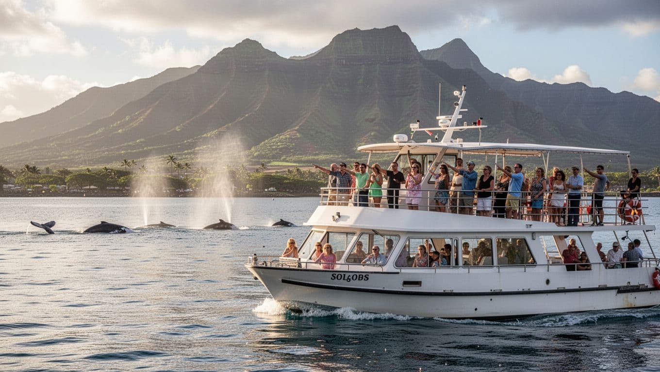 Double-decker tour boat cruises calm waters near Waikiki with humpback whales spouting in the distance and Oahu mountains backdrop. Passengers on upper deck point excitedly, exactly 20 people visible in relaxed poses, cinematic style with strong contrast and dramatic lighting.