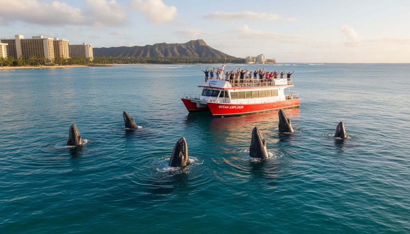 A double-decker tour boat cruises off the Waikiki coast of Oahu with humpback whales spyhopping nearby, as passengers on the upper deck cheer excitedly through binoculars amid clear turquoise waters and morning light.