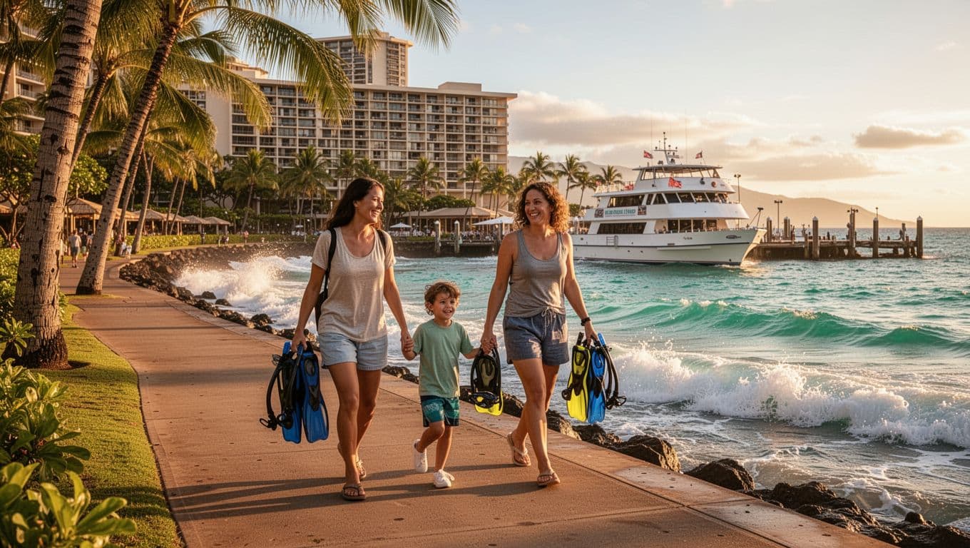Excited family carrying snorkel gear walks along sunny Waikiki coastal sidewalk toward Kewalo Basin boat harbor from Hyatt Regency, with turquoise waves crashing, palm trees, and docked tour boat in dramatic golden hour lighting.