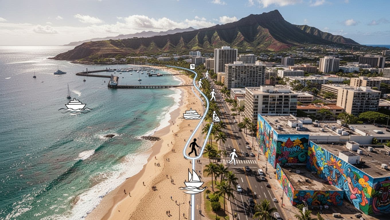 Illustrative map shows Waikiki boat harbor, beach, urban walk to Kakaako murals with boat and path icons.
