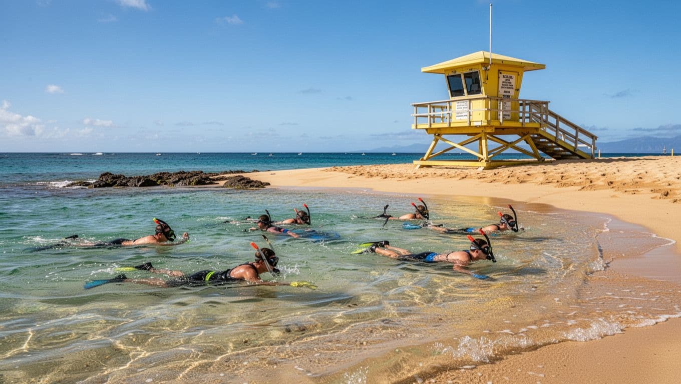 A vibrant yellow lifeguard station stands prominently against a clear blue sky on golden Waikiki sand. Nearby, snorkelers explore the shallow turquoise waters under bright, cinematic sunlight during a calm afternoon.