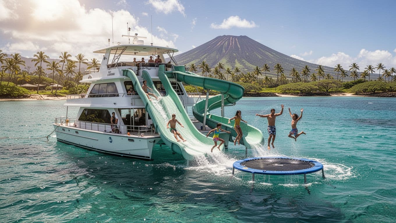 Double-decker Lokahi boat anchored in turquoise Waikiki waters with active water slide and trampoline, featuring exactly 5 relaxed people including 2 children, palm-fringed shore and Diamond Head in sunny cinematic background.