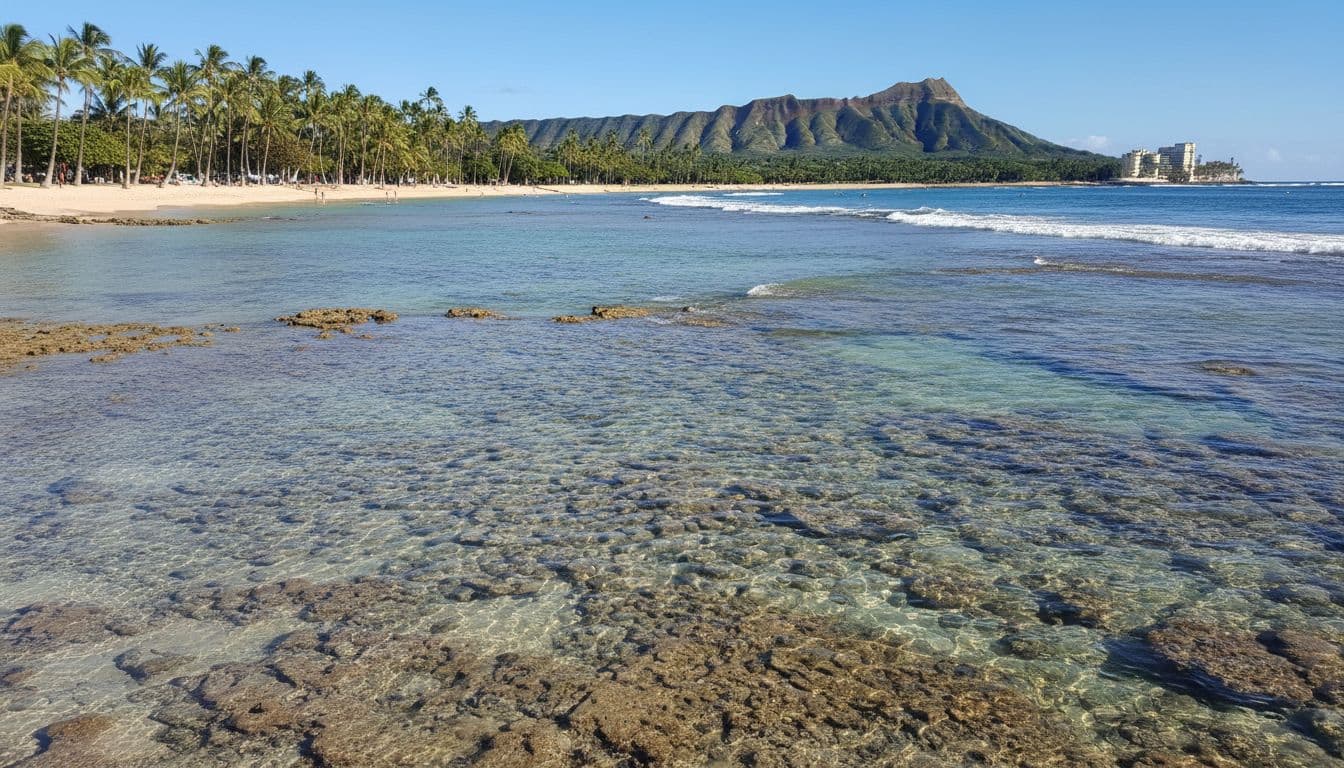 Waikiki beach at low tide with shallow turquoise water exposing coral reef ideal for snorkeling, gentle waves, palm trees, and Diamond Head under bright sunlight.