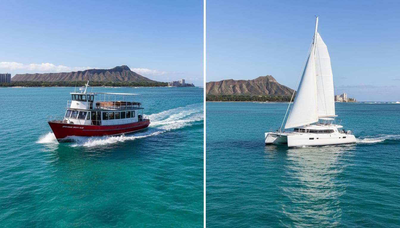 Split composition showing a traditional double-decker motorboat powering through gentle Waikiki waves on the left and a sleek catamaran under sail on the right, sharing turquoise ocean and distant Diamond Head background under bright sunlight.