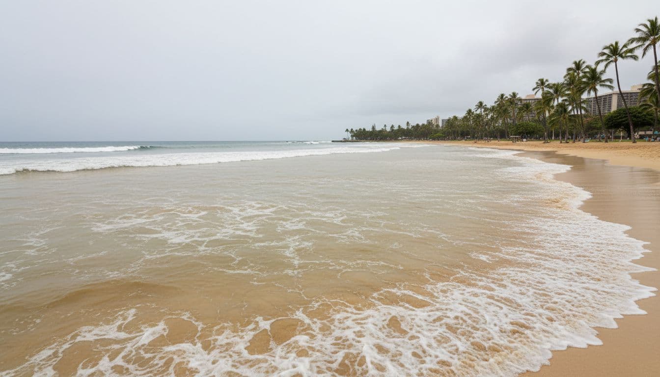 Murky tropical ocean water near Waikiki shore after heavy rain shows brown sediment and runoff, with sandy beach and palm trees in the background under bright overcast daylight.