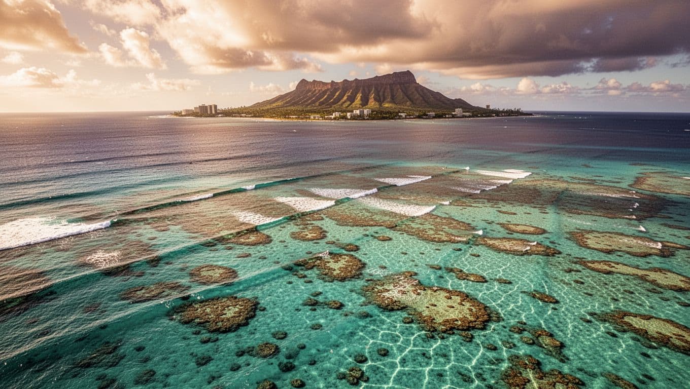 Aerial view of turquoise ocean off Waikiki with subsurface reefs and Diamond Head on horizon.