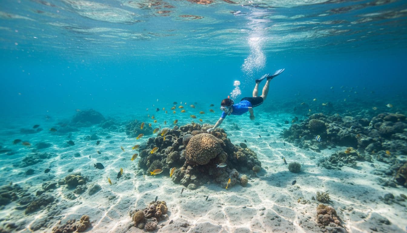 Bright sunny summer day in Oahu Waikiki with ultra clear blue water revealing sandy bottom and reef fish, a snorkeler diving to explore under warm golden sunlight, photorealistic high visibility.