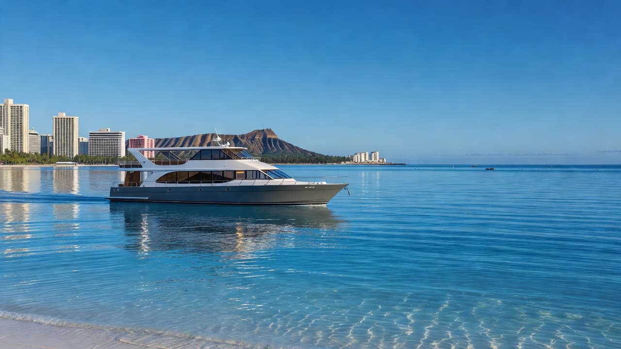 A sleek, two-story tourist boat glides across vibrant, transparent turquoise waters under a brilliant sun. The coastline of Waikiki remains visible in the distant background, highlighting tranquil, calm ocean conditions.