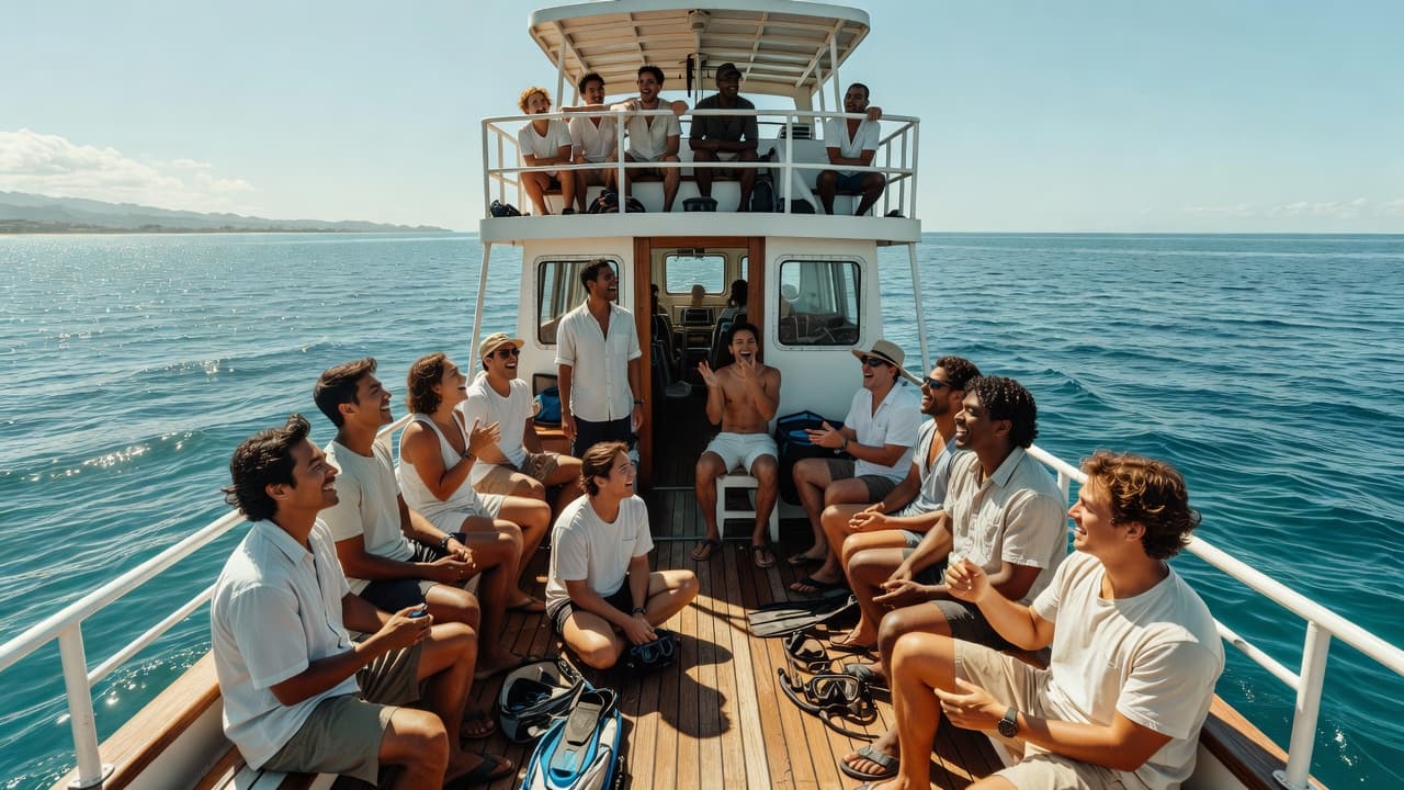 A large double-decker boat glides across the vibrant turquoise Waikiki ocean. On the sunlit deck, a diverse group of passengers chats and organizes snorkel gear while looking out at the horizon.