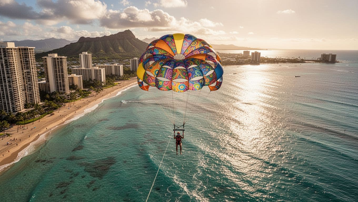 Solo parasailer harnessed to colorful parachute soaring high above sparkling turquoise ocean off Waikiki Beach, Oahu, Hawaii, with aerial views of sandy beach, high-rise hotels, Diamond Head volcano, and coastline in cinematic golden hour lighting.