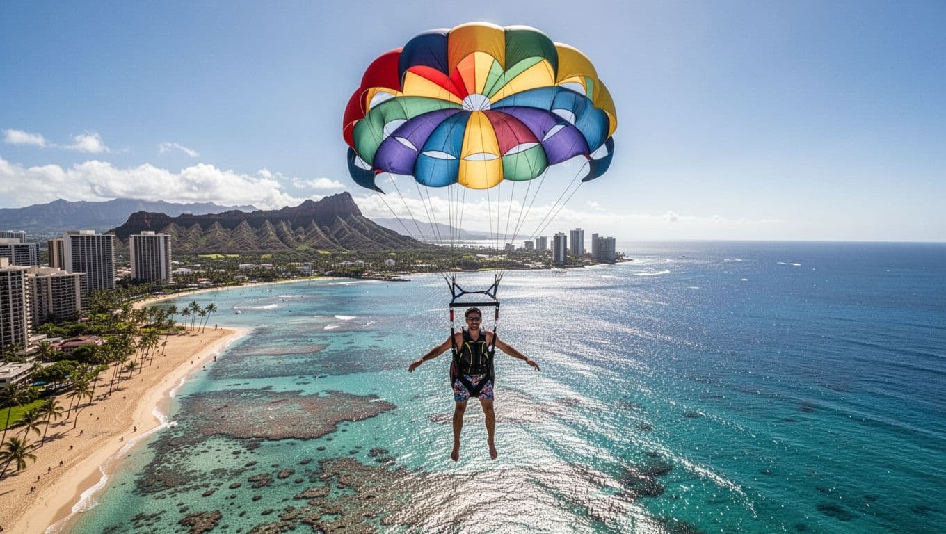 A solo adventurer parasails high above glittering Waikiki ocean on Oahu, with colorful parachute billowing against blue sky, revealing sandy beaches, turquoise reefs, Diamond Head volcano, and distant Honolulu skyline.