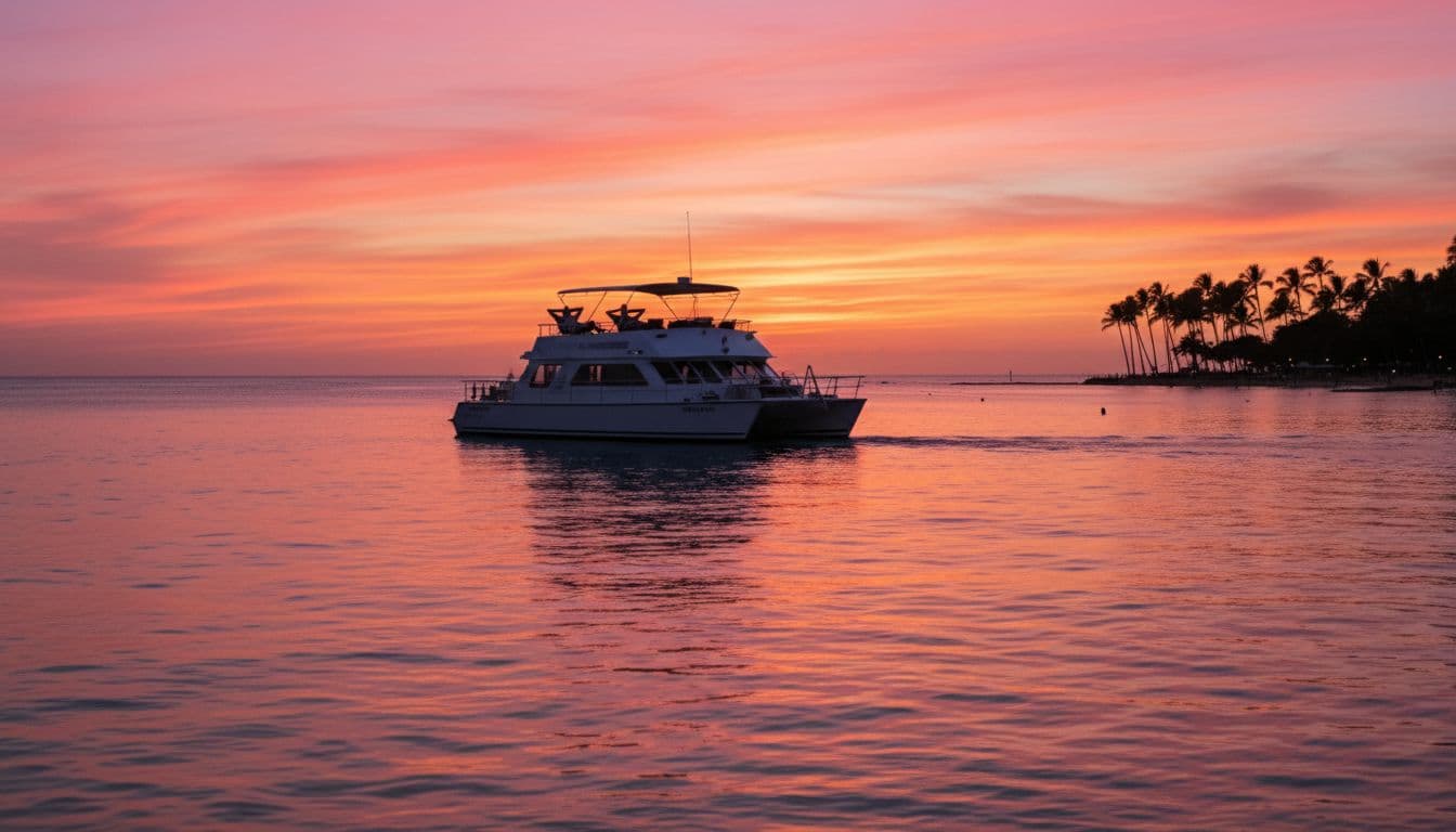 Vibrant pink and orange sunset sky reflects on calm ocean waters near Waikiki beach, featuring a double-decker boat with passengers enjoying the golden hour view and distant palm silhouettes.