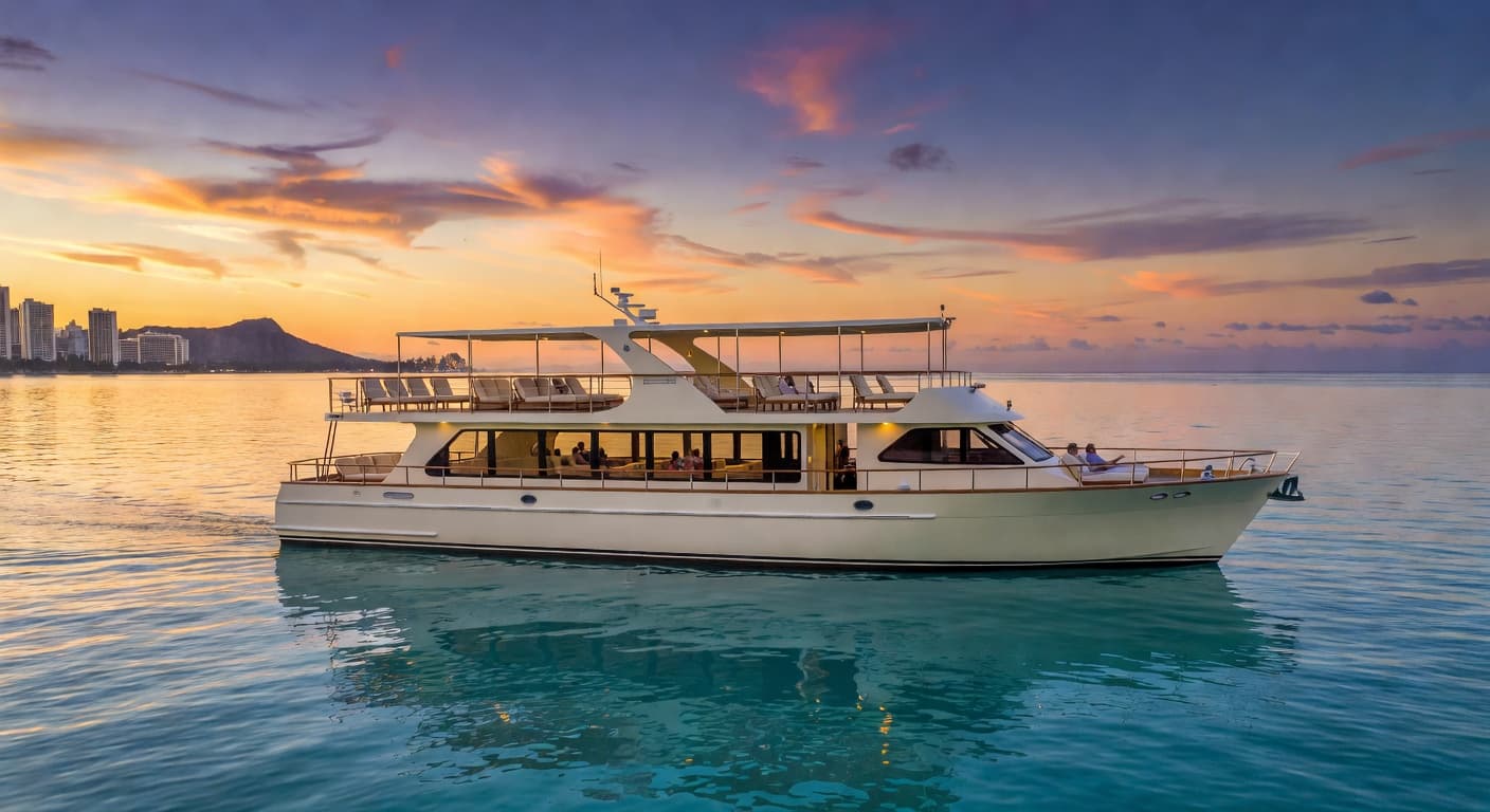 A spacious double-decker vessel glides across serene turquoise waters near the Waikiki coastline. Golden sunset light illuminates the sturdy multi-level deck, highlighting the comfortable seating and stable design for ocean travel.