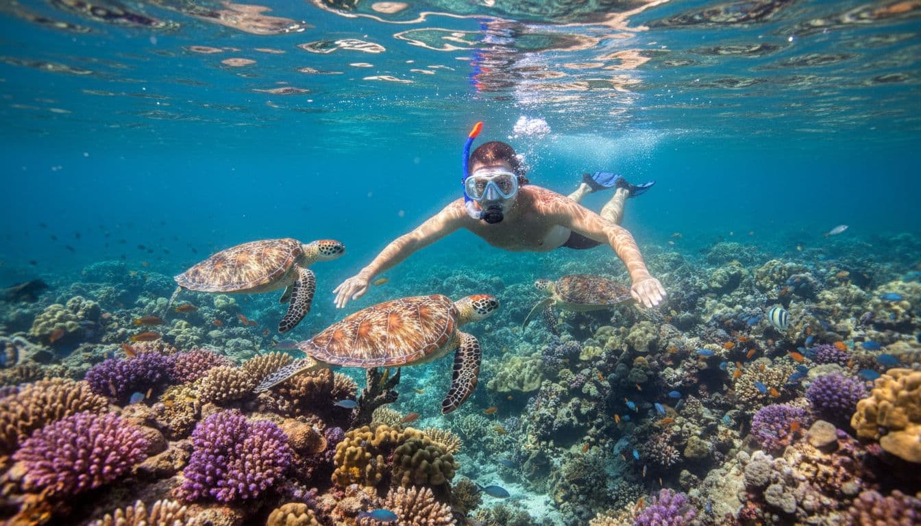 A solo snorkeler in crystal-clear turquoise Waikiki waters wears a prescription snorkel mask, enjoying sharp views of colorful Hawaiian green sea turtles and vibrant coral reefs with sunlight rays filtering through.