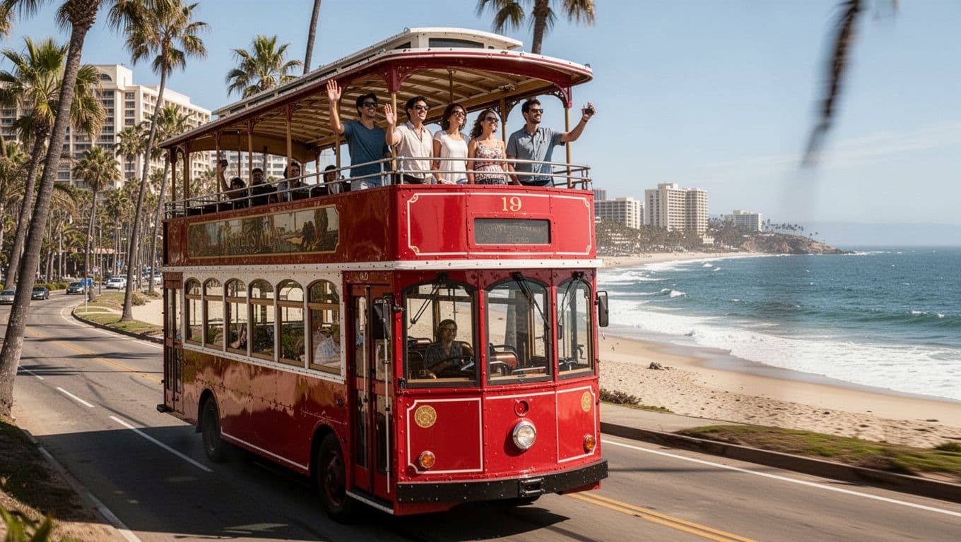 Vibrant red open-air double-decker Waikiki Trolley travels scenic coastal road with Pacific Ocean and sandy beach on right, lush palm trees and hotels in background, joyful passengers waving and photographing views in cinematic dramatic midday lighting.
