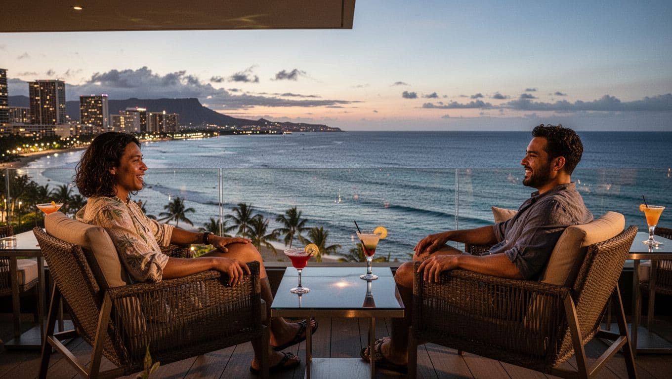 A vibrant rooftop bar in Waikiki at dusk overlooking the endless Pacific Ocean and coastline, with lounge chairs, cocktails, subtle city lights, and two people chatting relaxedly in the background, emphasizing the expansive sea view in cinematic style.