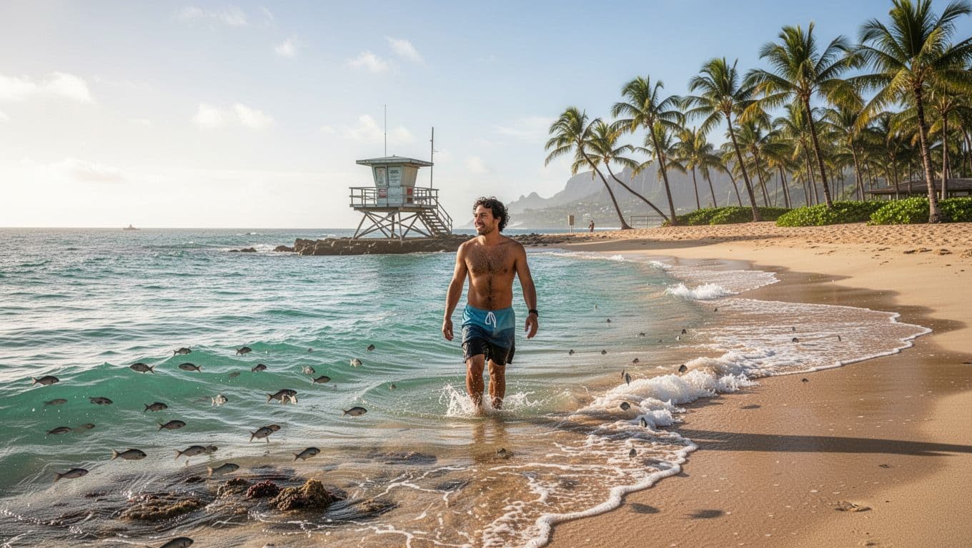 Person walks knee-deep in calm turquoise water at Waikiki beach, reef fish visible near shore, lifeguard tower and palms behind.