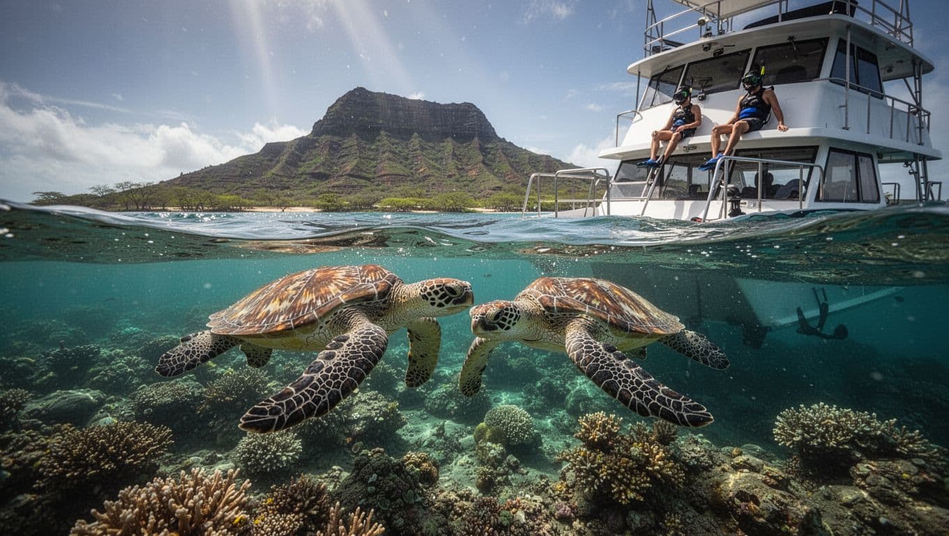Two green sea turtles swim near coral reef in turquoise waters off Waikiki, snorkelers on nearby boat, Diamond Head visible.