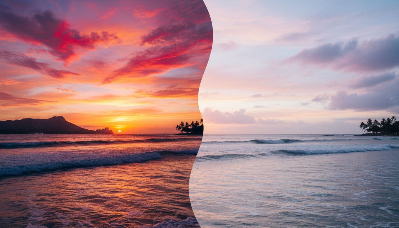 A split horizon view contrasting vibrant summer sunset hues with soft winter pastel tones over the ocean.