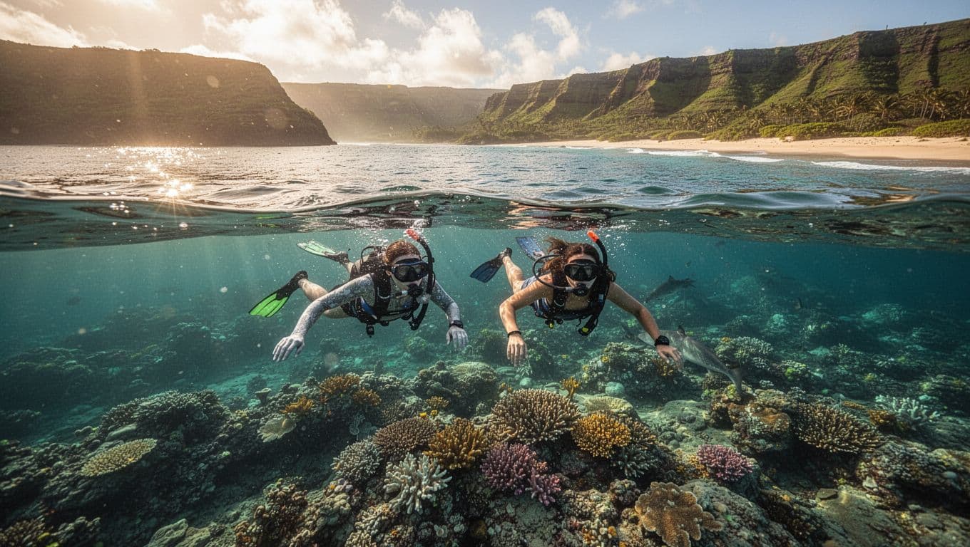 Aerial view of turquoise waters off Waikiki with visible coral reefs, two snorkelers, distant cliffs and beaches.