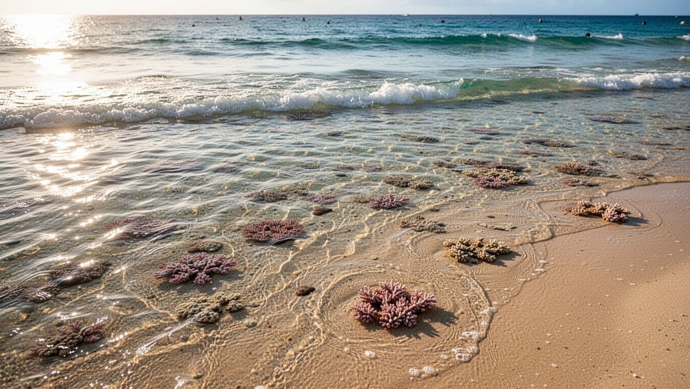 Bright morning sun glitters across the calm, transparent surface of the Pacific. Beneath the gentle waves, white sandy bottoms reveal scattered coral patches, creating a perfect vista for shallow water snorkeling.